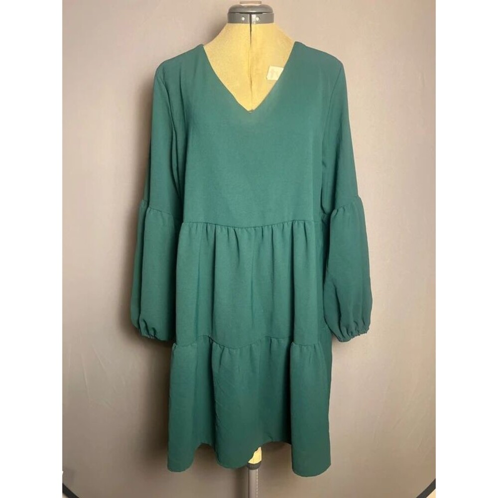 Womenβs L Hunter Green Tiered Dress Long Bell Sleeve Boho A Line